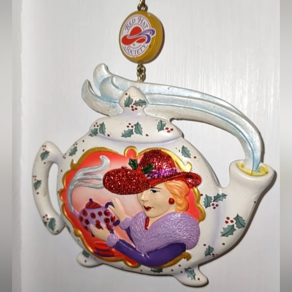 Glitter Tea Pot Red Hat Society Club Hanging Ornament - Picture 5 of 8